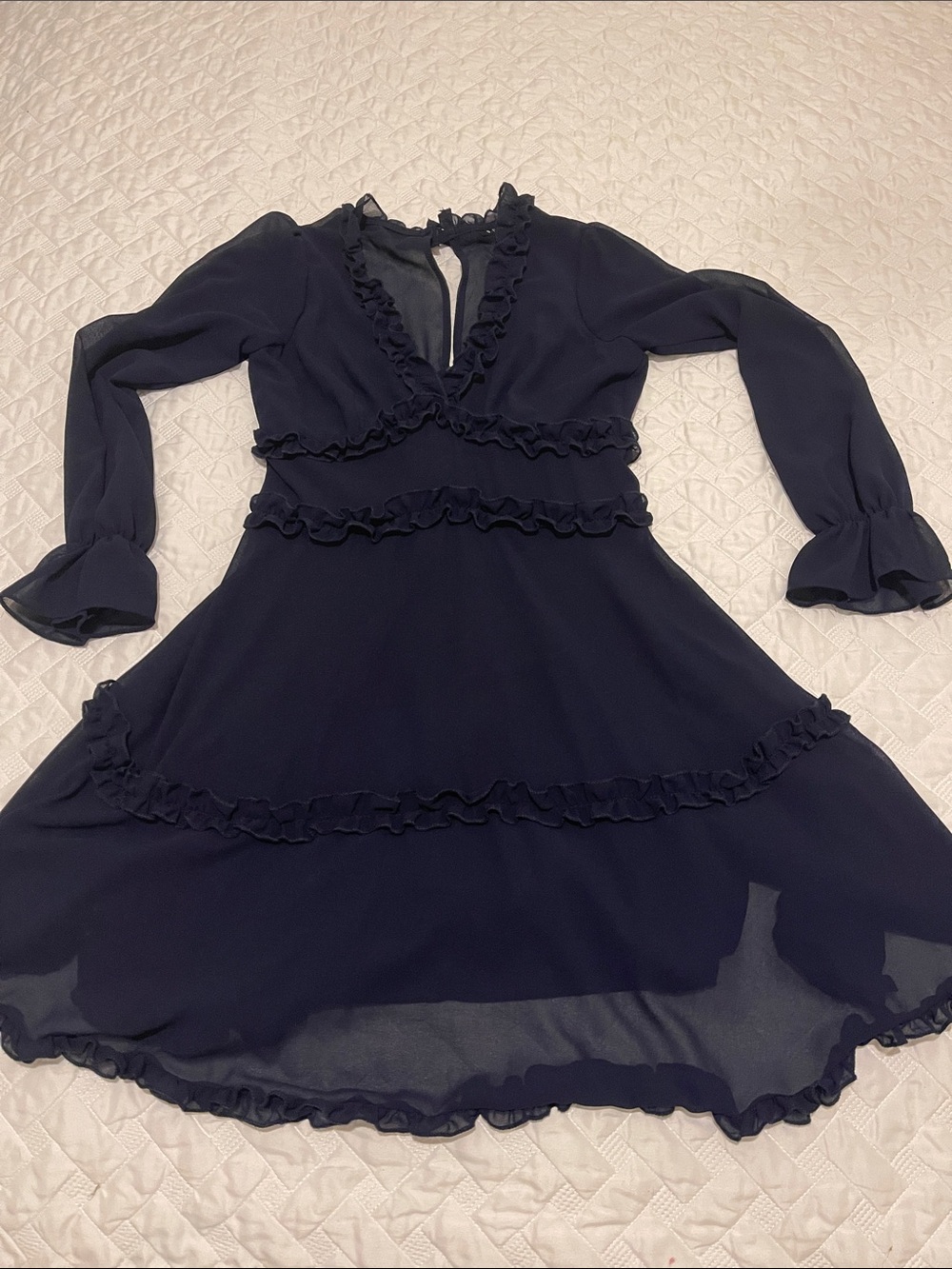 B Darlin Navy Long Sleeve Ruffle V-Neck Dress
